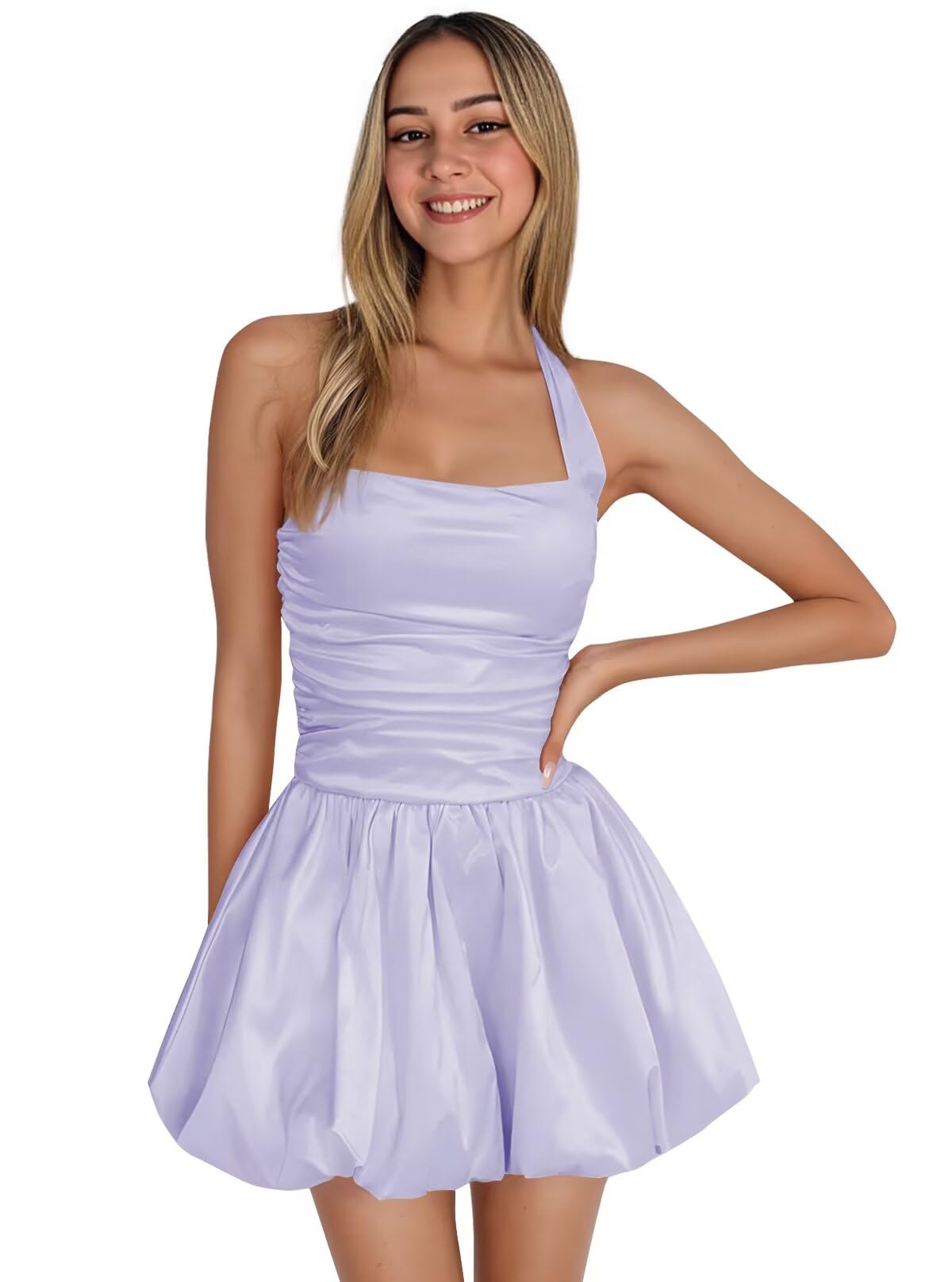 Satin Halter Homecoming Dresses for Teens Short Prom Dress 2027 Flower Bud Ruched Formal Cocktail Gown with Pockets
