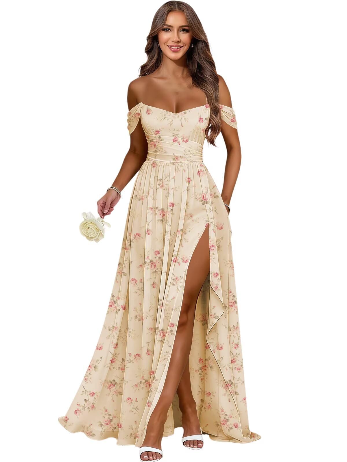 Women's Long Chiffon Bridesmaid Dresses with Slit Off Shoulder A-Line Formal Prom Evening Gown Maxi Wedding Guest Dress