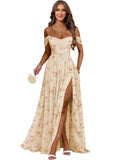 Women's Long Chiffon Bridesmaid Dresses with Slit Off Shoulder A-Line Formal Prom Evening Gown Maxi Wedding Guest Dress