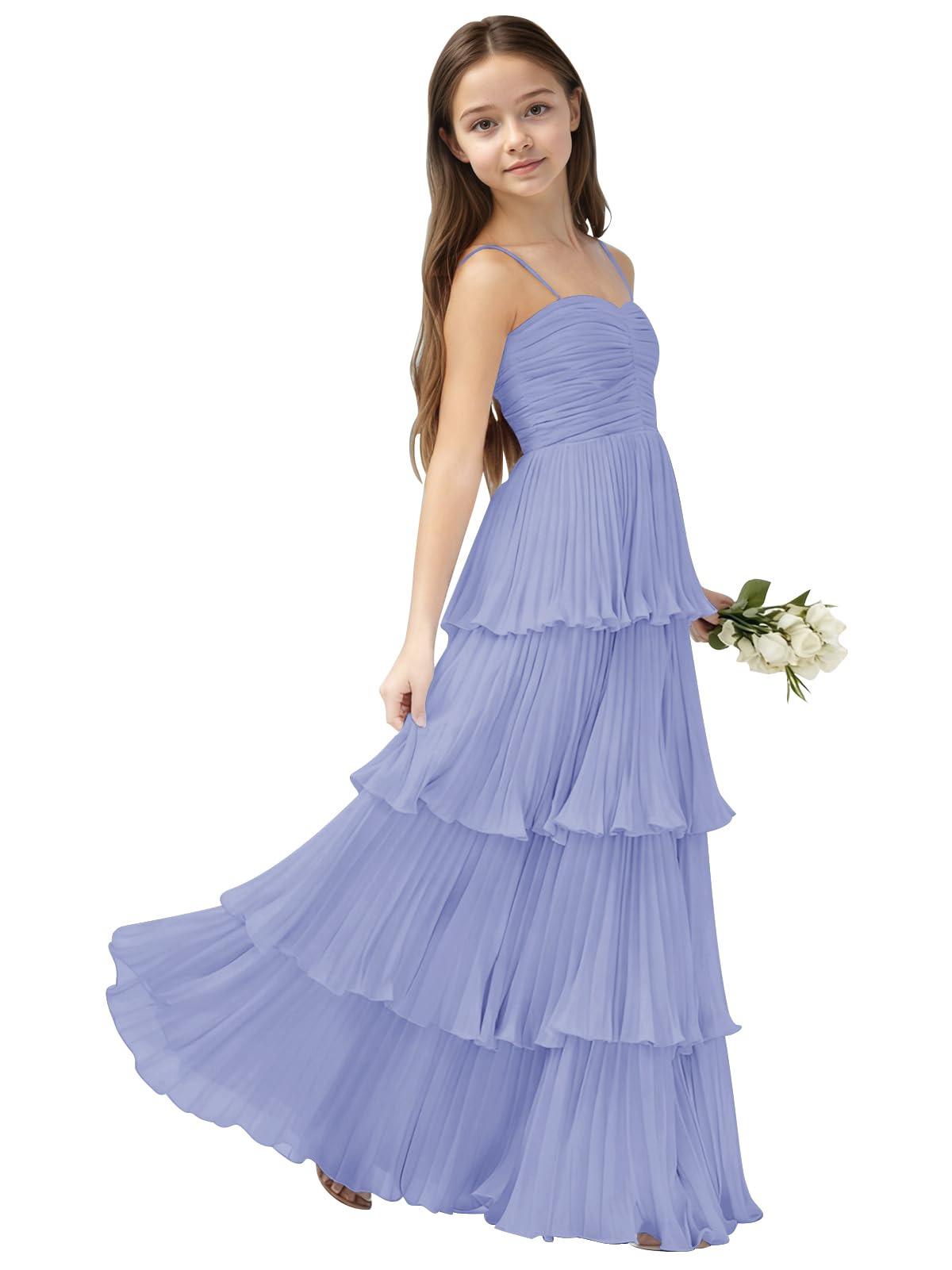 Chiffon Pleated Junior Bridesmaid Dress Princess Birthday Tiered Ruffle Prom Gown Wedding Long Flower Girl Dress