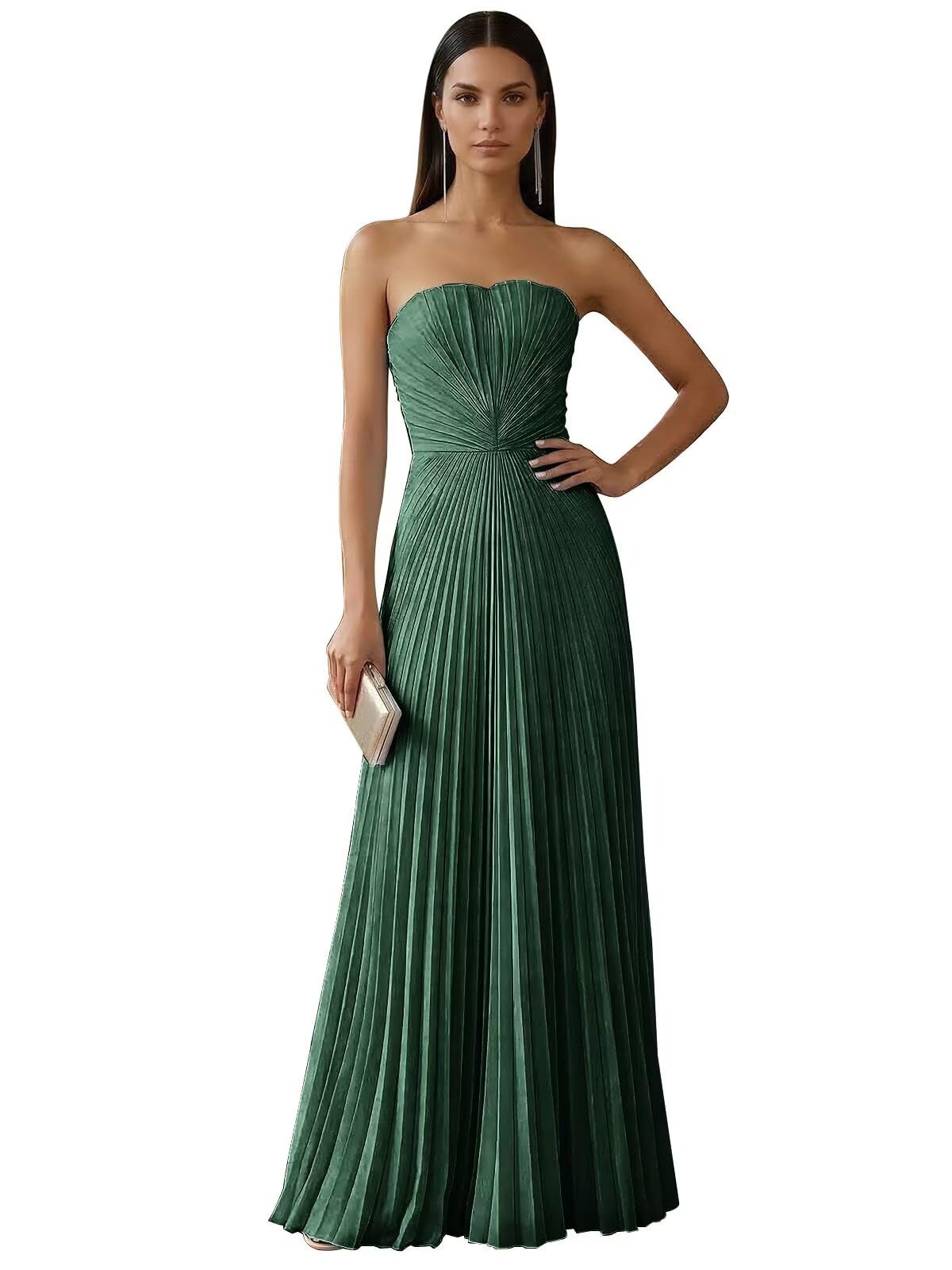 Strapless Prom Dresses for Women Long A Line Cocktail Dress Pleated Chiffon Formal Wedding Guest Dress