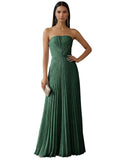 Ruched Strapless Prom Dresses for Women Long A Line Cocktail Dress Pleated Chiffon Formal Wedding Guest Dress