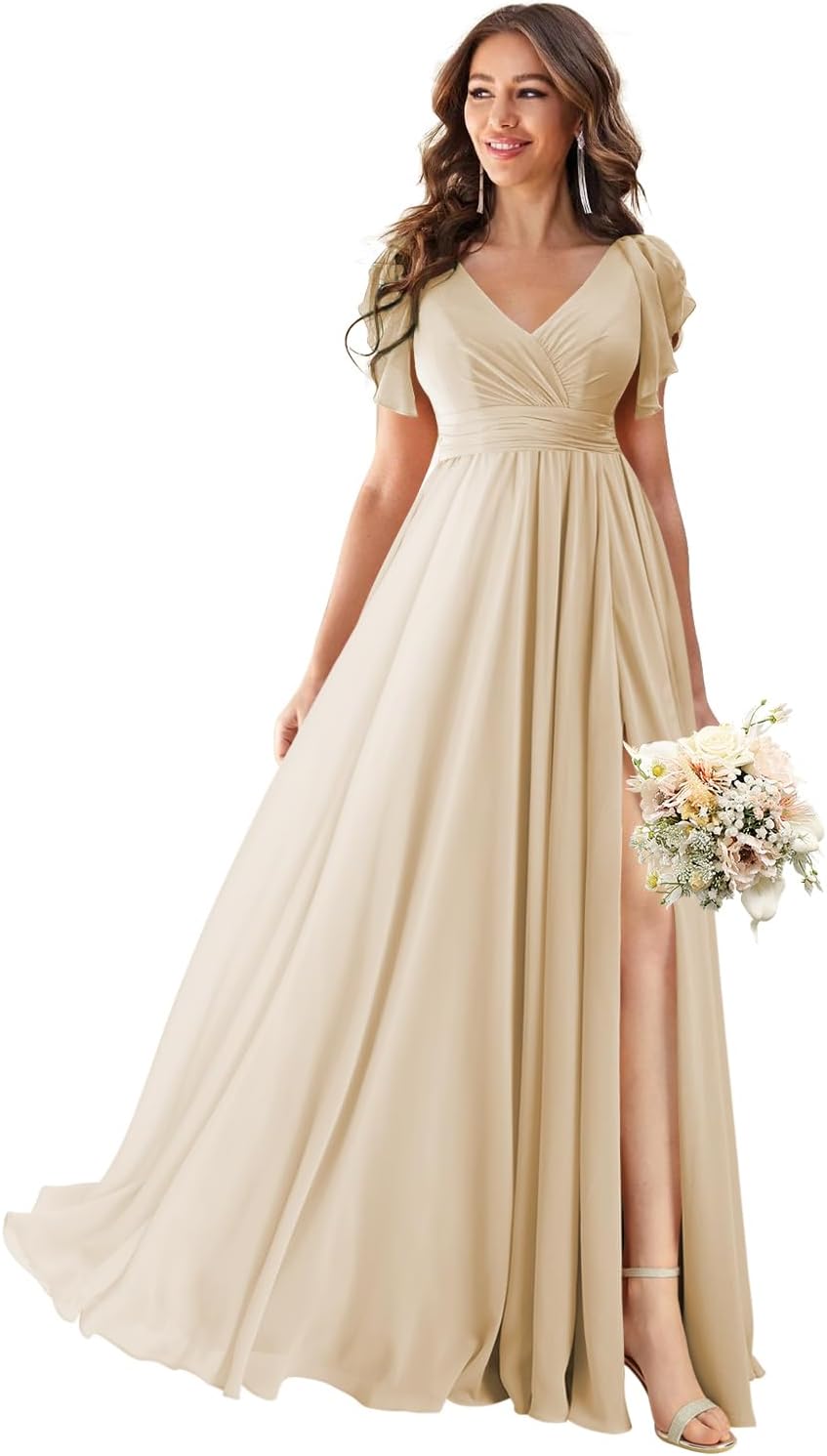 V Neck Flutter Sleeves Bridesmaid Dresses with Slit 2025 Chiffon Aline Pleats Formal Evening Gowns for Women