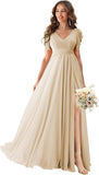 V Neck Flutter Sleeves Bridesmaid Dresses with Slit 2025 Chiffon Aline Pleats Formal Evening Gowns for Women