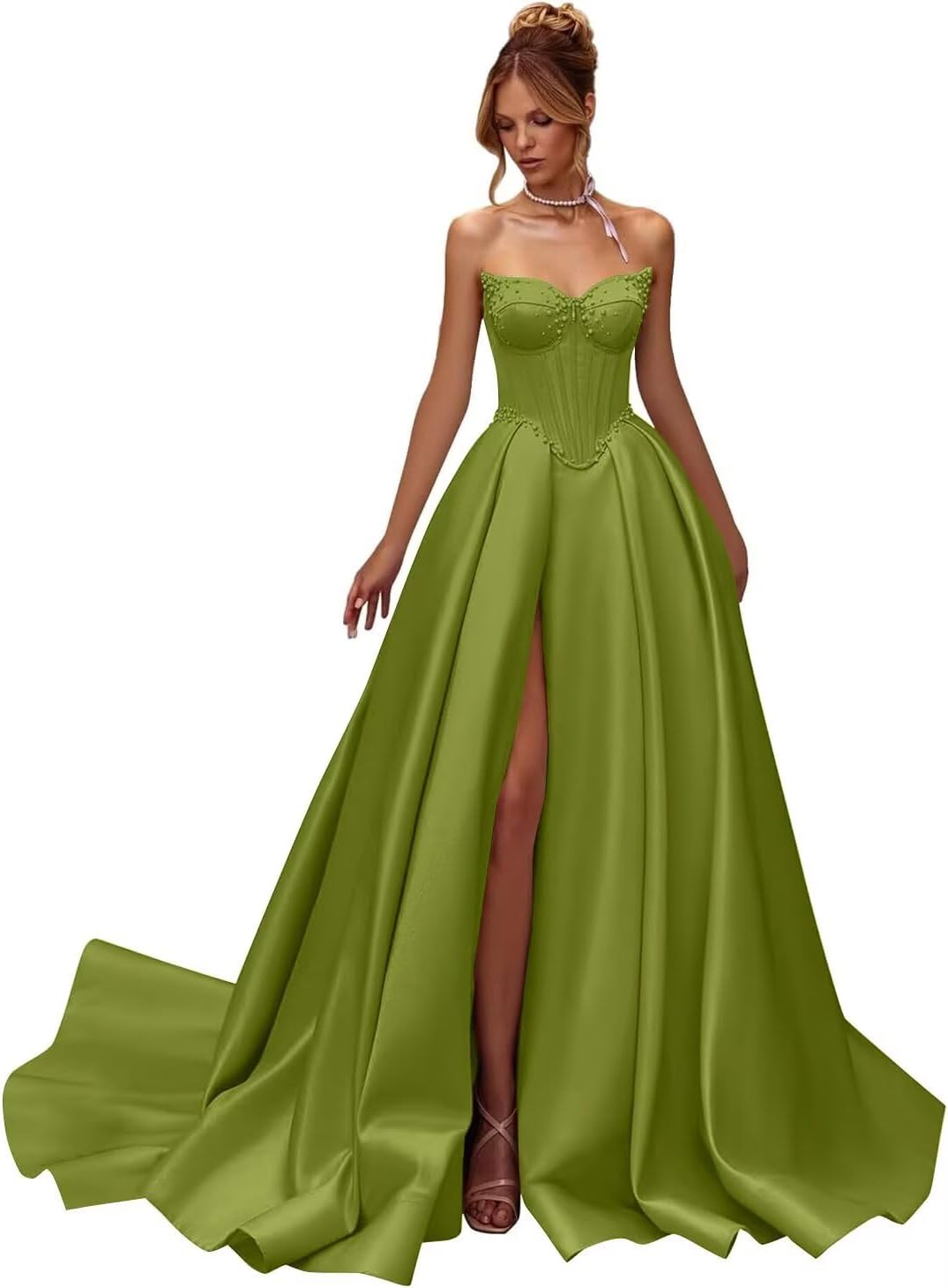 Kingbridal Gowns Strapless Prom Dresses for Women 2026 Long Satin A-line Formal Dress with Slit Beaded Corset Evening Party Gowns