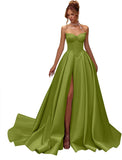 Kingbridal Gowns Strapless Prom Dresses for Women 2026 Long Satin A-line Formal Dress with Slit Beaded Corset Evening Party Gowns