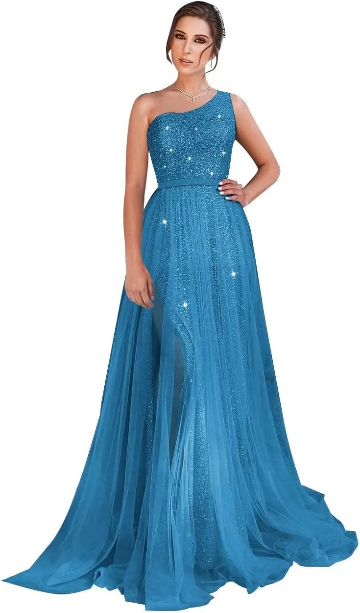 One-Shoulder-Ballkleid mit Pailletten, formelle Kleider für Damen, funkelnde Abendkleider, Tüll-Ballkleid 