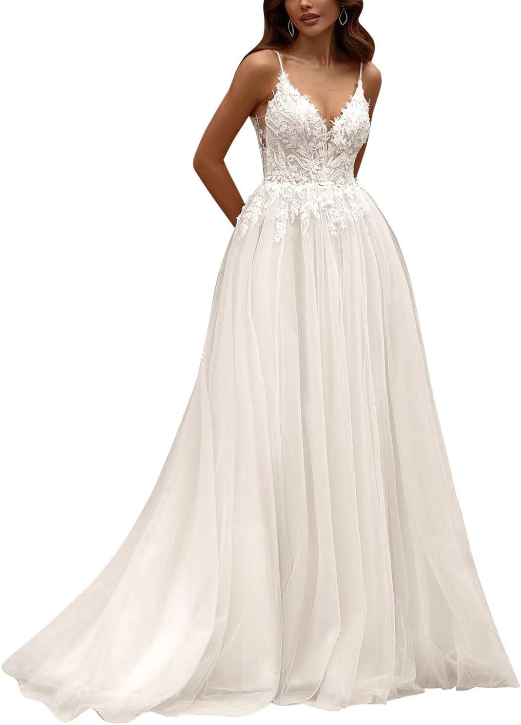 Kingbridal Gowns Lace Appliques Wedding Dresses for Bride Long V Neck Tulle Chiffon A-line Sleeveless Bridal Ball Gown for Women