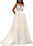 Kingbridal Gowns Lace Appliques Wedding Dresses for Bride Long V Neck Tulle Chiffon A-line Sleeveless Bridal Ball Gown for Women