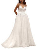 Kingbridal Gowns Lace Appliques Wedding Dresses for Bride Long V Neck Tulle Chiffon A-line Sleeveless Bridal Ball Gown for Women