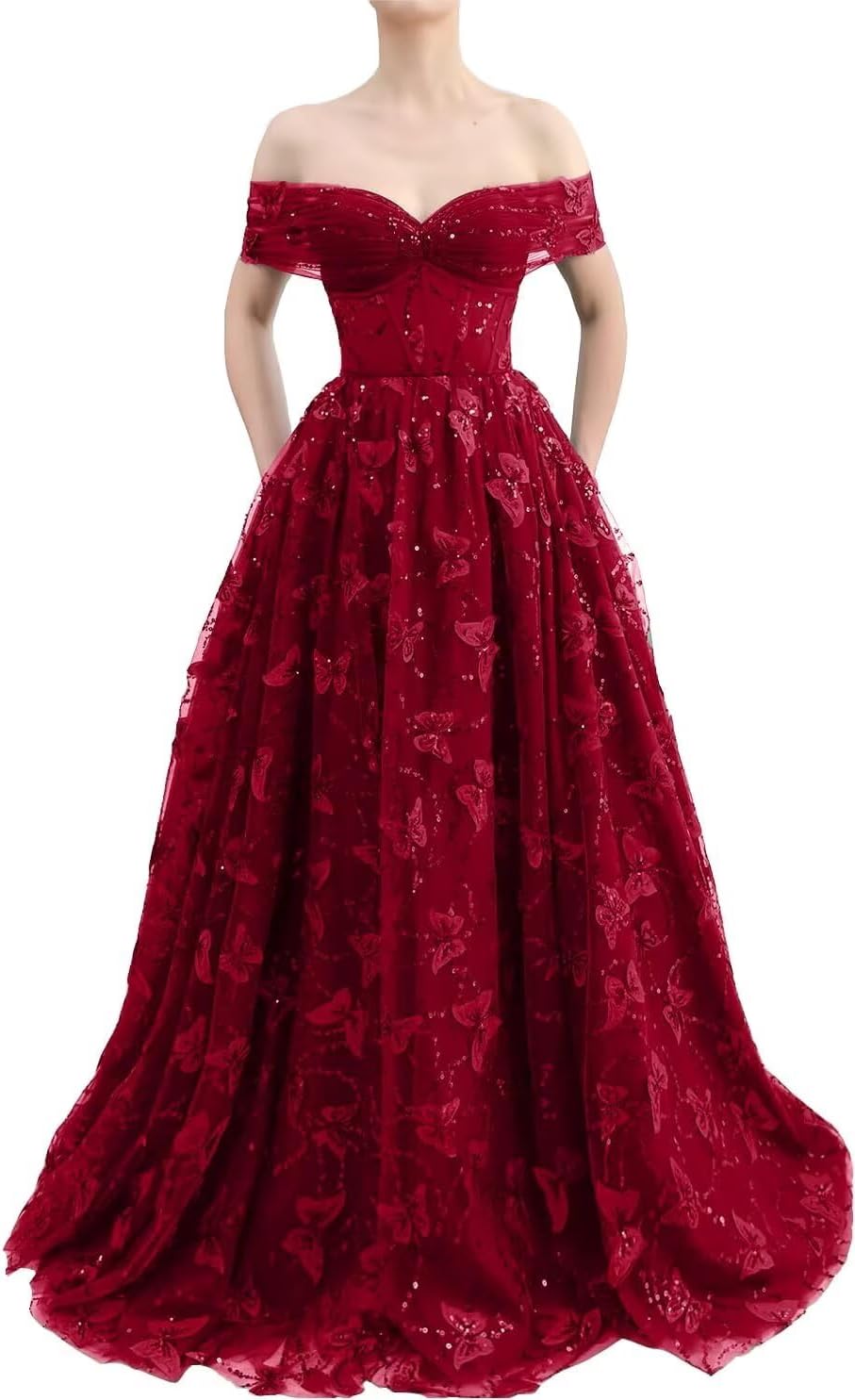 Sparkly Off Shoulder Tulle Prom Dresses with Butterfly Appliques Long A Line Formal Evening Party Gowns for Women