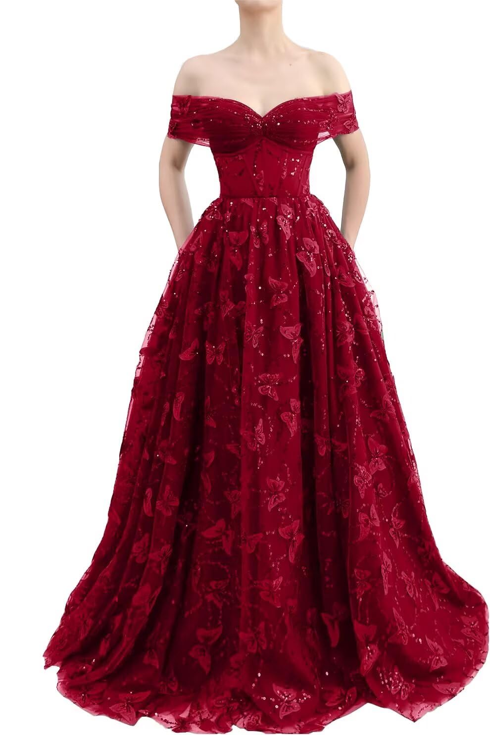 Sparkly Off Shoulder Tulle Prom Dresses with Butterfly Appliques Long A Line Formal Evening Party Gowns for Women