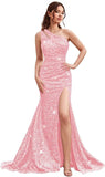 Kingbridal Gowns One Shoulder Sequin Prom Dresses with Slit 2026 Mermaid Formal Dress for Women Sparkly Ruched Evening Party Gowns
