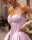 Kingbridal Gowns Strapless Prom Dresses for Women 2026 Long Satin A-line Formal Dress with Slit Beaded Corset Evening Party Gowns