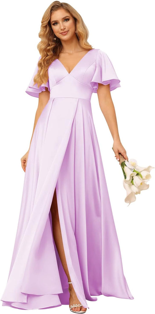 Women's V Neck Ruffle Sleeves Bridesmaid Dresses with Slit 2025 Satin A-Line Formal Evening Gowns