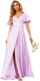 Women's V Neck Ruffle Sleeves Bridesmaid Dresses with Slit 2025 Satin A-Line Formal Evening Gowns