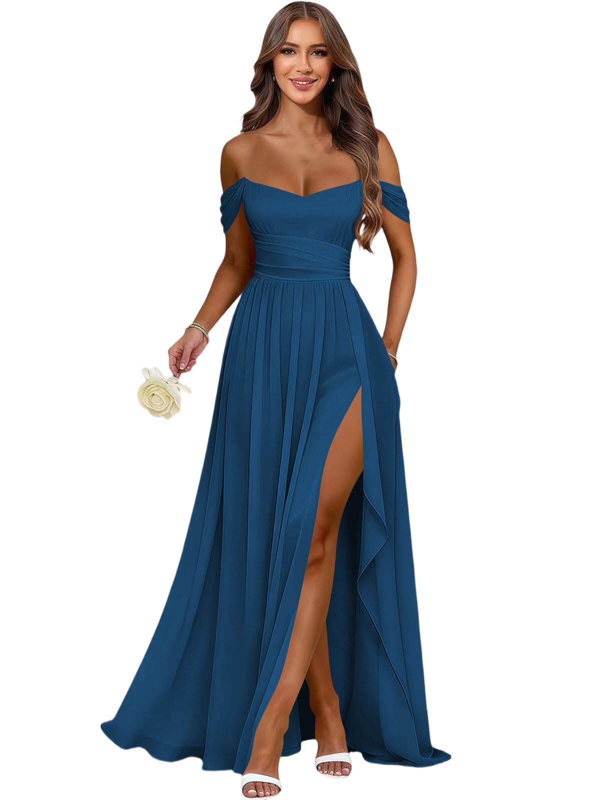 Women's Long Chiffon Bridesmaid Dresses with Slit Off Shoulder A-Line Formal Prom Evening Gown Maxi Wedding Guest Dress