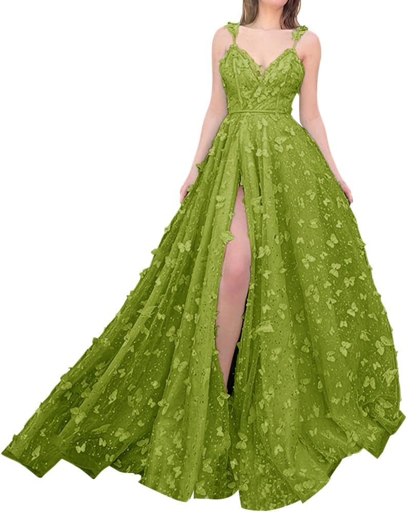 Sparkly Prom Dresses for Teens 2027 3D Butterfly Tulle Spaghetti Straps Long Slit Backless Party Gowns