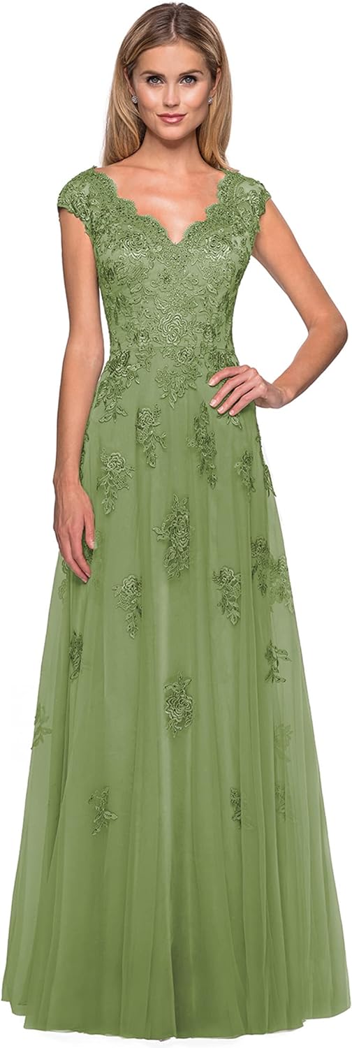 Women's V Neck Cap Sleeves Mother of The Bride Dresses Long Lace Formal Prom Evening Gowns with Pockets