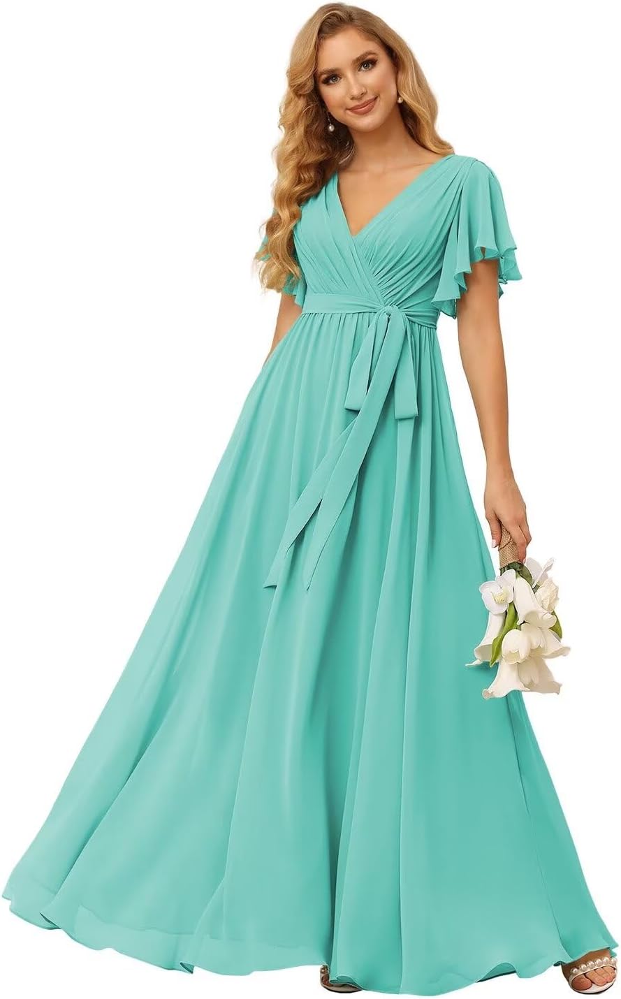Damen Brautjungfernkleider mit Flatterärmeln, lang, mit Taschen, V-Ausschnitt, Chiffon, formelle Kleider 