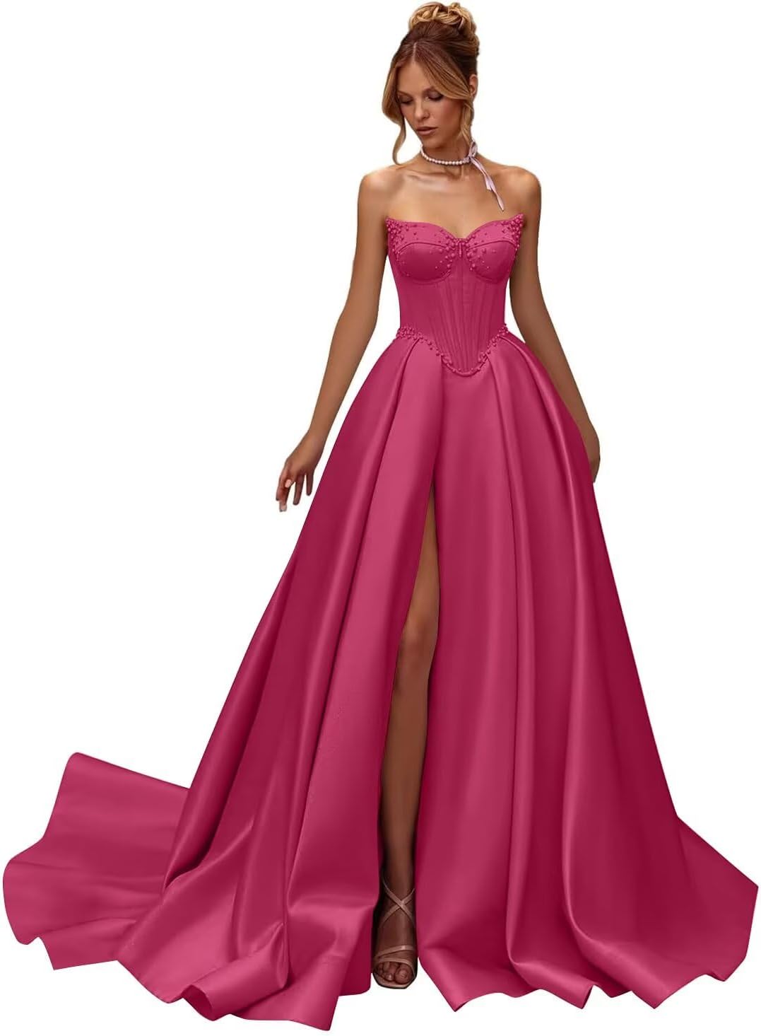 Kingbridal Gowns Strapless Prom Dresses for Women 2026 Long Satin A-line Formal Dress with Slit Beaded Corset Evening Party Gowns