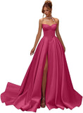 Kingbridal Gowns Strapless Prom Dresses for Women 2026 Long Satin A-line Formal Dress with Slit Beaded Corset Evening Party Gowns