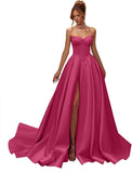 Kingbridal Gowns Strapless Prom Dresses for Women 2026 Long Satin A-line Formal Dress with Slit Beaded Corset Evening Party Gowns