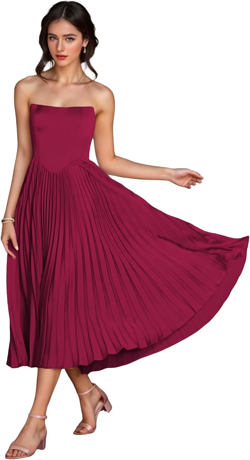 Women's Strapless Bridesmaid Dresses for Womens Tea Length Ruffle Satin Formal Prom Dress