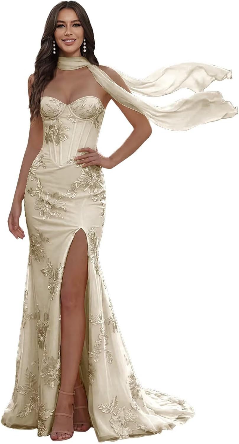 Floral Prom Dresses for Teens Strapless Mermaid Corset Tulle Formal Evening Gown with Slit Scarf