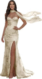 Floral Prom Dresses for Teens Strapless Mermaid Corset Tulle Formal Evening Gown with Slit Scarf