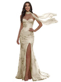 Floral Prom Dresses for Teens Strapless Mermaid Corset Tulle Formal Evening Gown with Slit Scarf