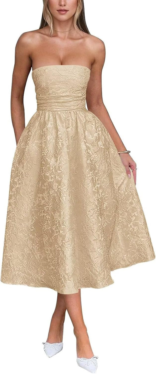 Satin Floral Jacquard Prom Dress for Women Strapless Corset Tea Length Formal Cocktail Evening Gowns