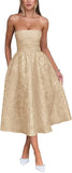 Satin Floral Jacquard Prom Dress for Women Strapless Corset Tea Length Formal Cocktail Evening Gowns