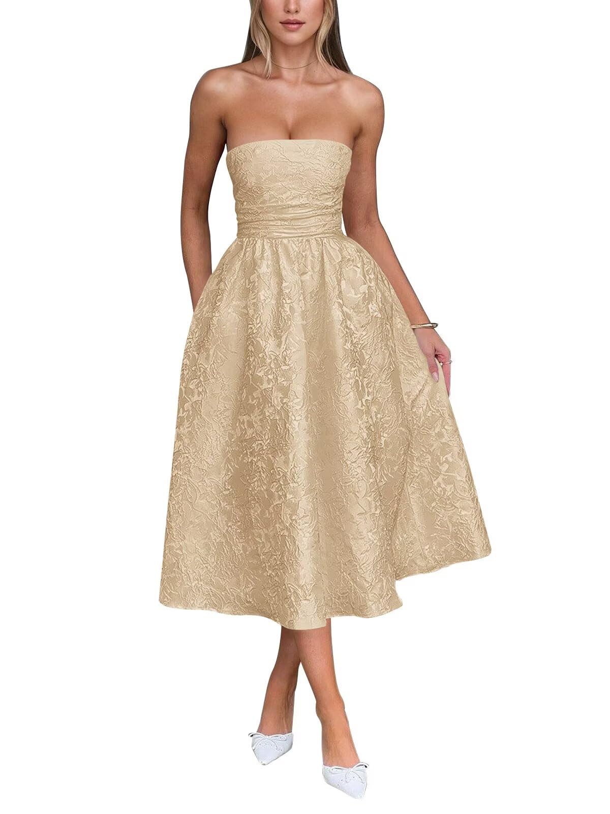 Satin Floral Jacquard Prom Dress for Women Strapless Corset Tea Length Formal Cocktail Evening Gowns