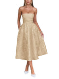 Satin Floral Jacquard Prom Dress for Women Strapless Corset Tea Length Formal Cocktail Evening Gowns