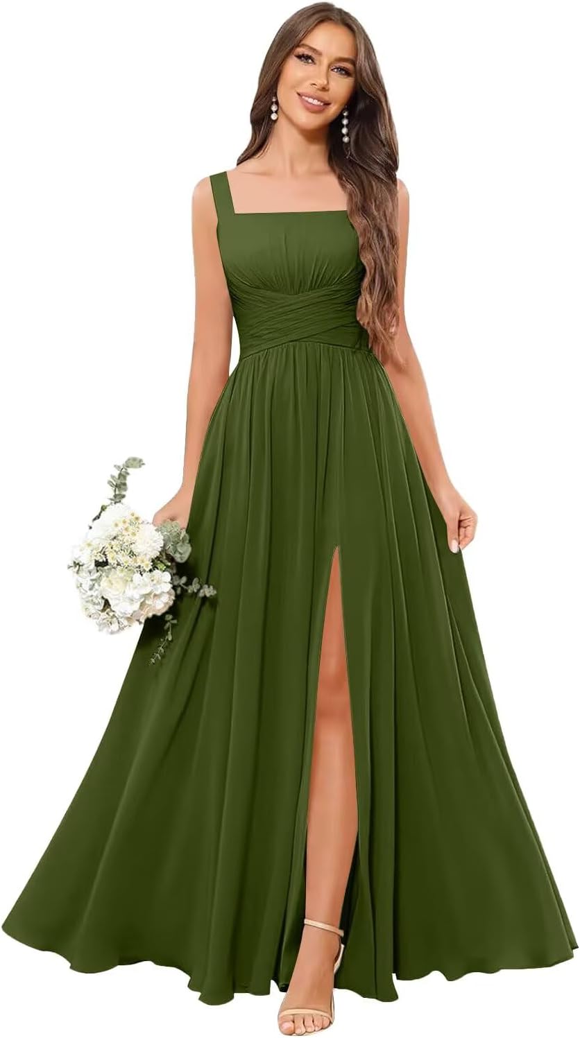 Kingbridal Chiffon A-line Bridesmaid Dresses for Women 2027 Long Square Neck Pleated Formal Evening Party Dress with Slit