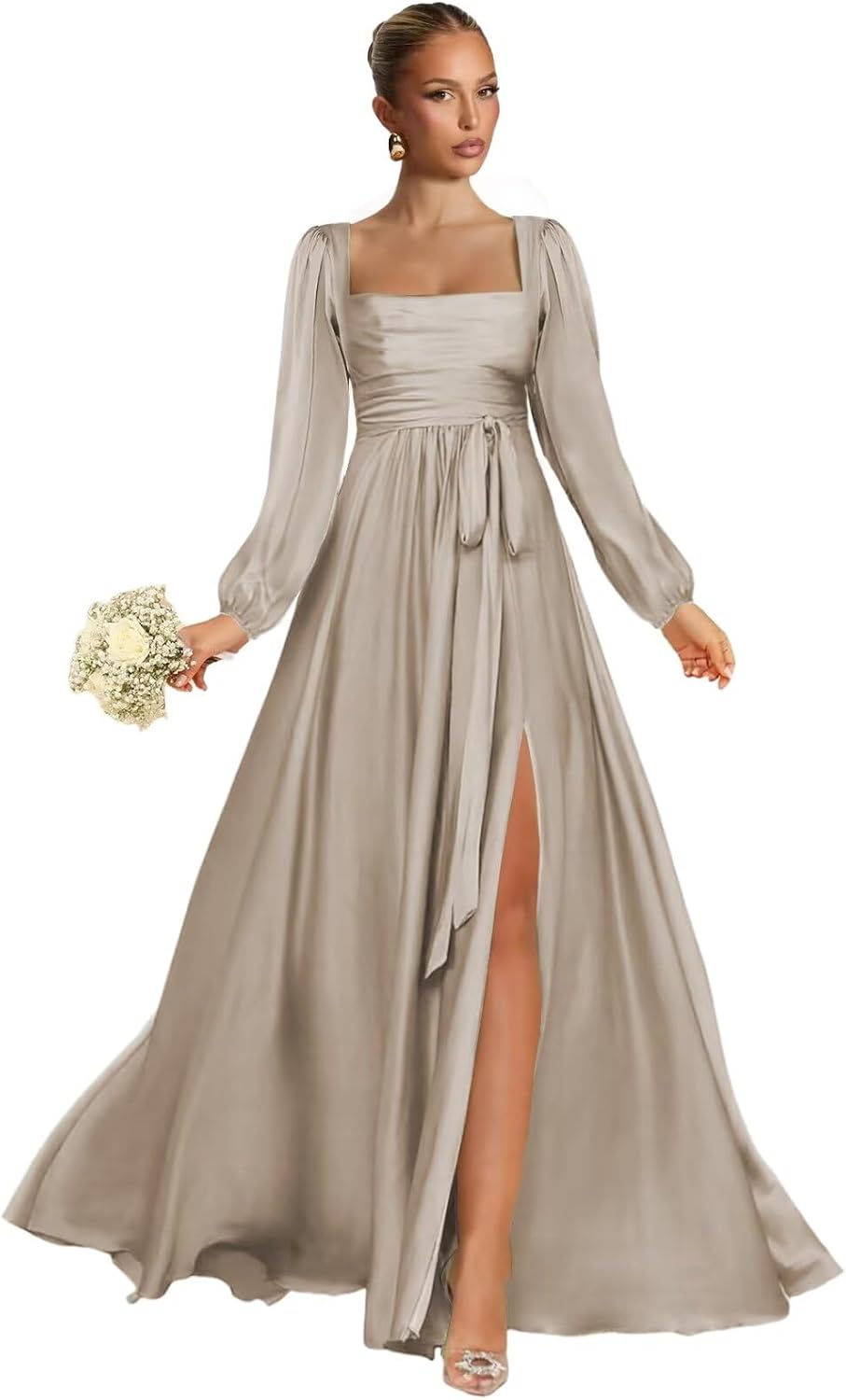 Satin Bridesmaid Dresses with Slit Long Sleeve Square Neck A Line Maxi Formal Dress