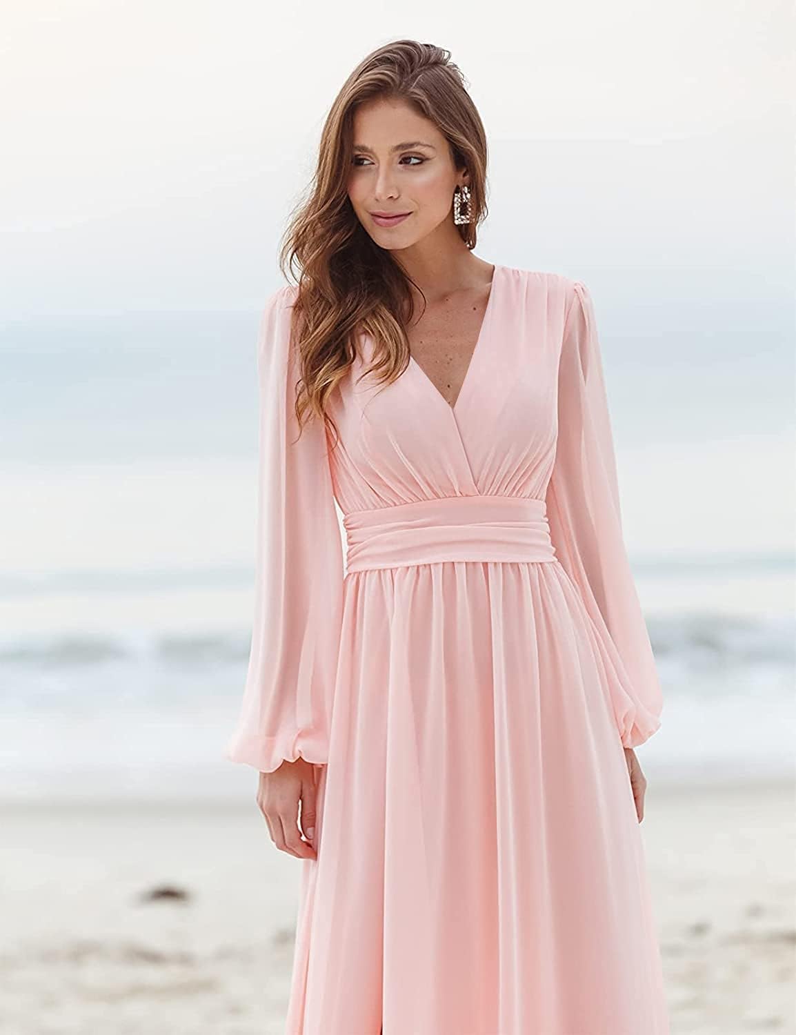 Women's Long Sleeve Bridesmaid Dresses with Slit V Neck A Line Chiffon Formal Evening Gowns with Pockets Mother of the Bride Gowns
