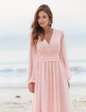 Women's Long Sleeve Bridesmaid Dresses with Slit V Neck A Line Chiffon Formal Evening Gowns with Pockets Mother of the Bride Gowns