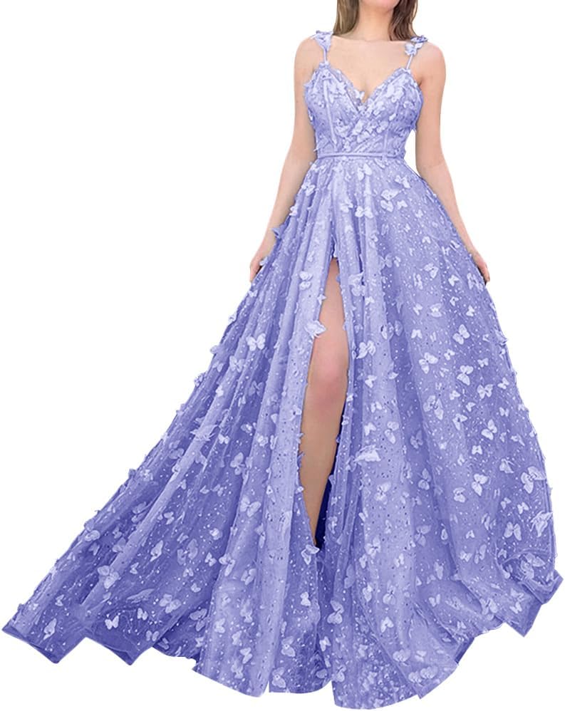 Sparkly Prom Dresses for Teens 2027 3D Butterfly Tulle Spaghetti Straps Long Slit Backless Party Gowns