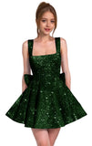 Sparkly Sequin Homecoming Dresses for Teens Short Prom Dress Square Neck Bow Formal Cocktail Gowns with Pockets