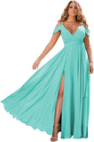 Schulterfreie Brautjungfernkleider 2025 für Frauen, langes Chiffon-Abendkleid mit V-Ausschnitt und Schlitz