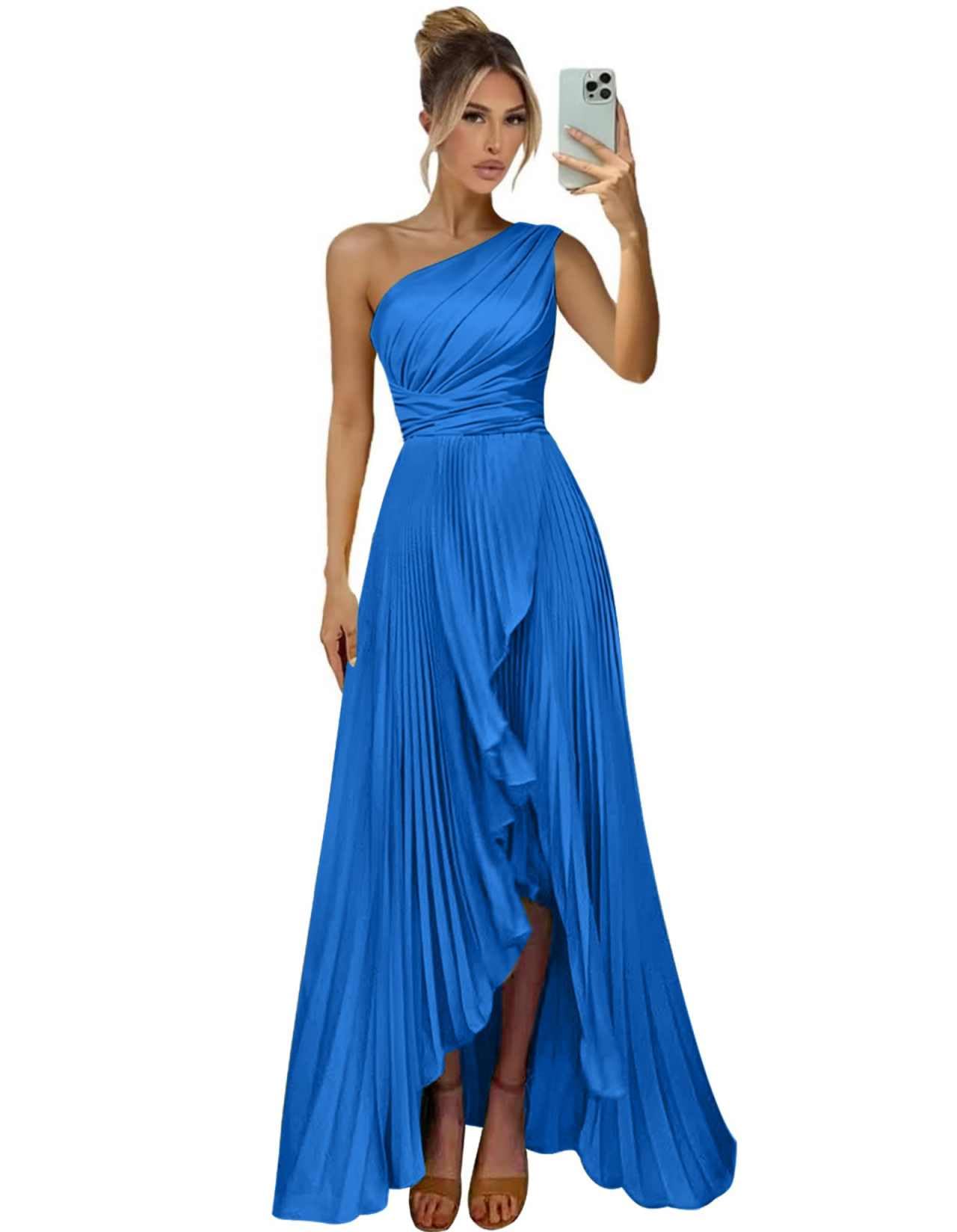 One Shoulder Bridesmaid Dresses for Women Satin Pleated Long A Line Formal Prom Evening Party Dress with Slit