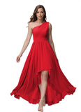 Vestido de dama de honor de un solo hombro para mujer, vestido formal de noche de gasa con bolsillos y corte alto bajo