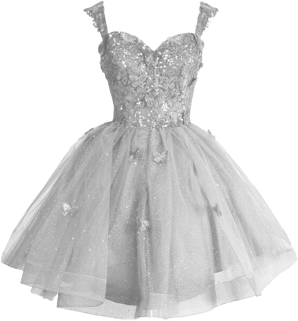 Off Shoulder Glitter Tulle Homecoming Dresses for Teens 3D Butterfly Short Prom Dress Sequin Quinceanera Dresses