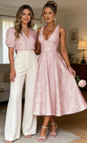 White Prom Dresses Halter Midi Jacquard Formal Dress V-Neck Engagement Dress Satin Floral Jacquard for Women 2027 with Pockets