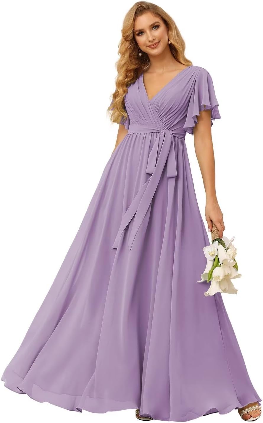 Damen Brautjungfernkleider mit Flatterärmeln, lang, mit Taschen, V-Ausschnitt, Chiffon, formelle Kleider 