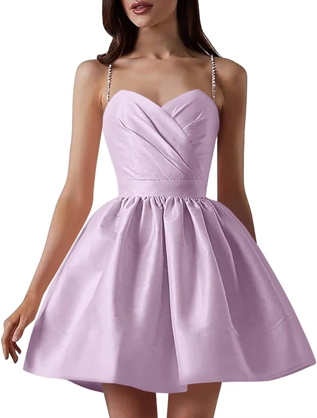 Satin Homecoming Dresses for Teens Spaghetti Straps Short Prom Dress A-Line Cocktail Wedding Guest Dress