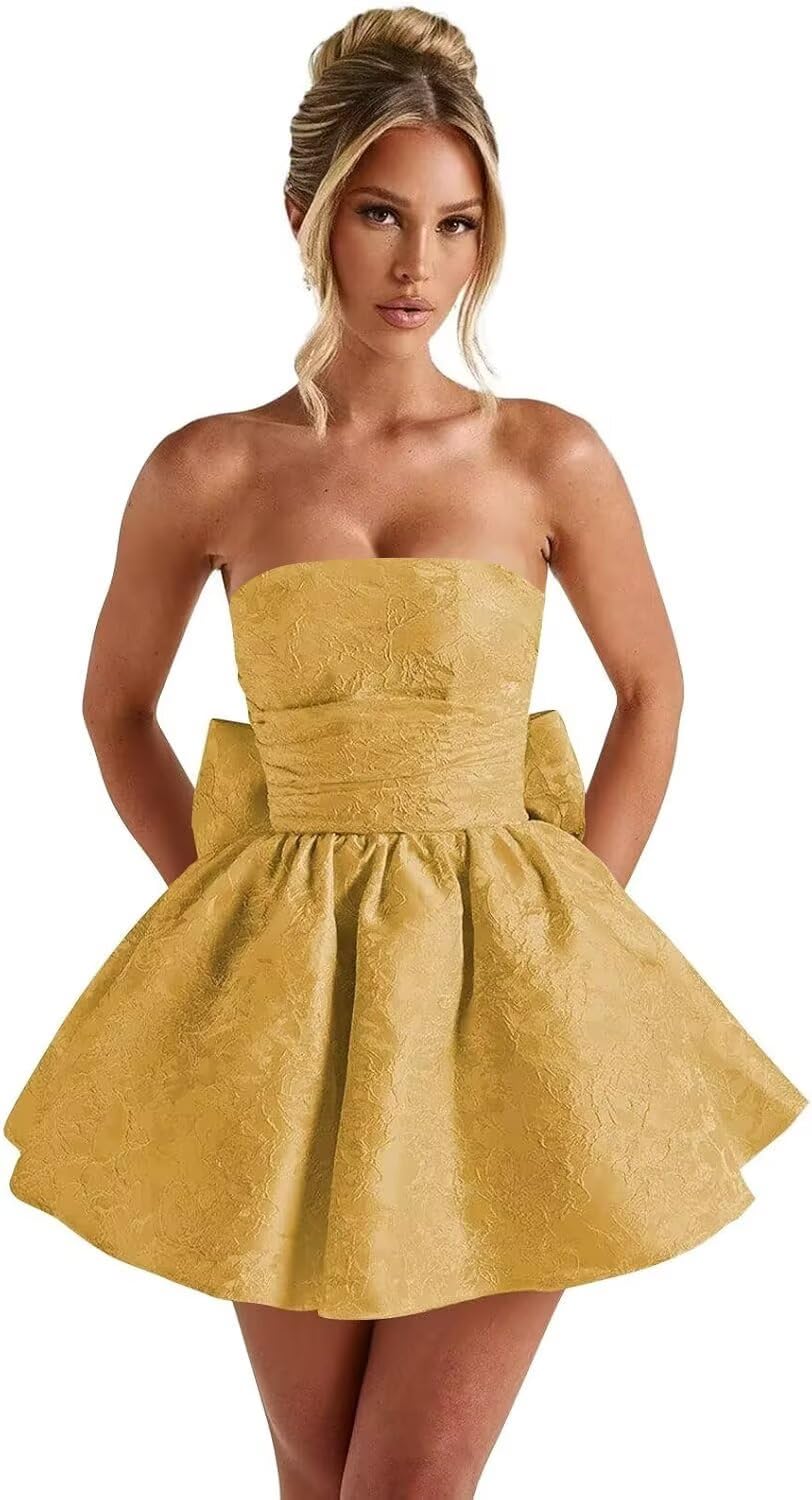 Strapless Satin Homecoming Dresses for Teens 2027 Jacquard A-line Short Prom Cocktail Gowns with Bow
