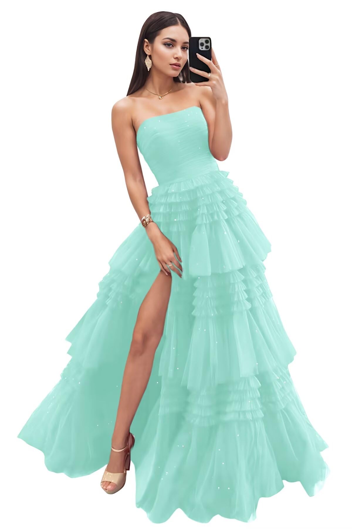 Strapless Tiered Tulle Prom Dresses for Women 2027 Long Sparkly A-Line Formal Evening Party Ball Gowns with Slit